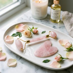 Natural Rose Quartz Facial Roller & Heart Gua Sha Set